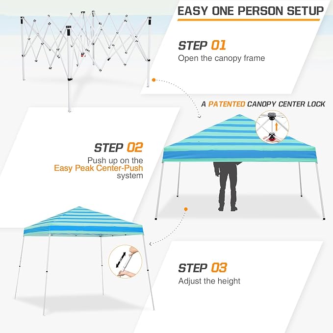EAGLE PEAK 10x10 Slant Leg Pop-up Canopy Tent Easy One Person Setup Instant Outdoor Beach Canopy Folding Portable Sports Shelter 10x10 Base 8x8 Top (Green Blue Stripe)