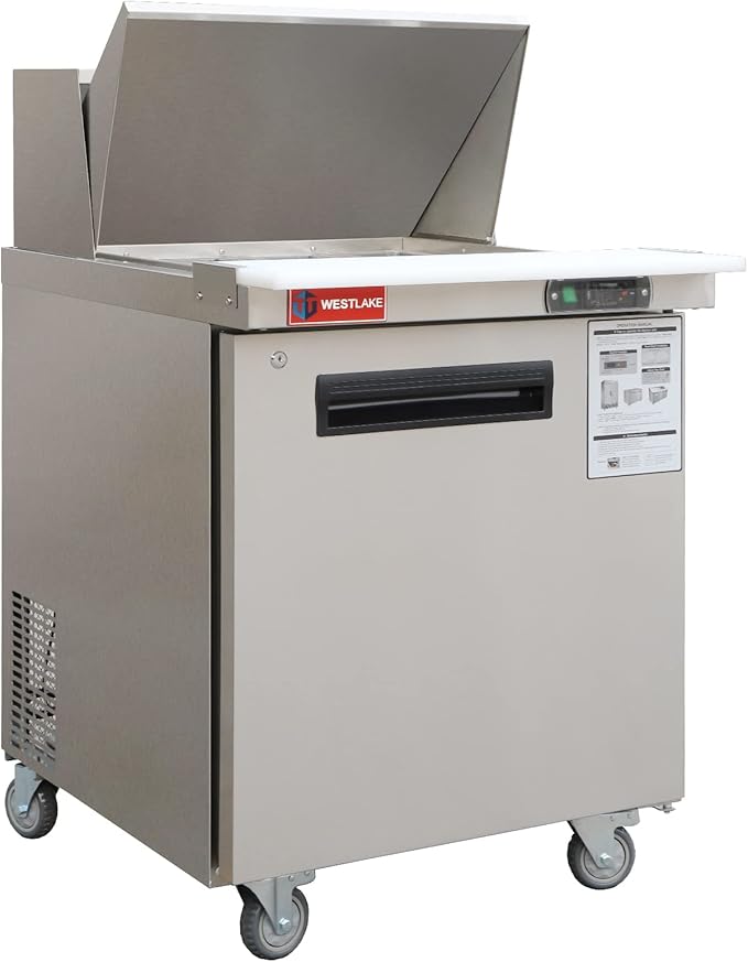 WESTLAKE 27" W Refrigerator Sandwich & Salad Prep Table Commercial Single Door Mega Top Refrigerator Stainless Steel Counter Fan Cooling with 12 pans-27 Large Capacity Inches for Restaurant
