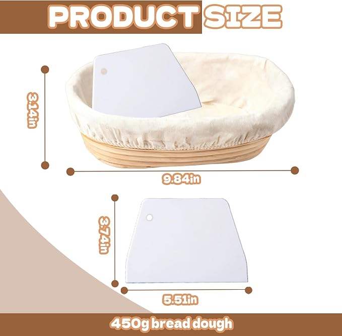 8 Sets Bread Proofing Baskets Bulk Banneton Bread Proofing Basket with Cloth Liners and Dough Scrapers Natural Rattan Banneton Sourdough Bowl Basket for Bakers(10 Inch)
