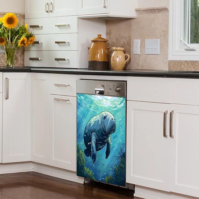 Dishwasher Magnet Cover for The Front Ocean Manatee Dishwasher Door Cover Panel Decals Magnetic Refrigerator Cover for Kitchen Farmhouse Home Decor A-077