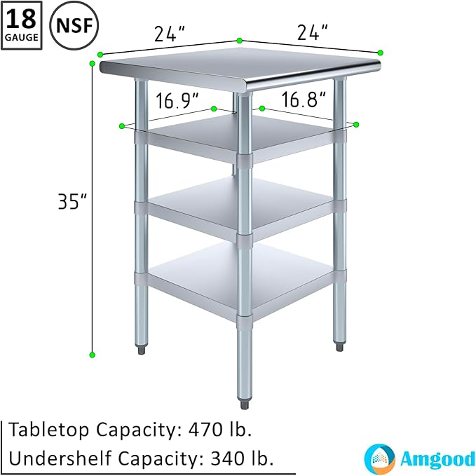 24 in. x 24 in. Stainless Steel Work Table with Three Bottom Shelves | NSF Kitchen Prep Table | Utitly Metal Table