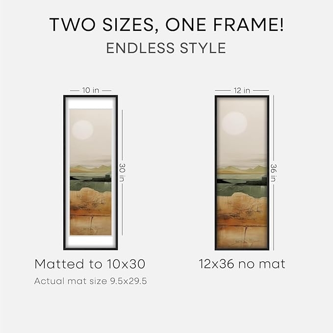 Homeforia 12x36 Black Wood Picture Frame, High End Oak 12x36 Poster Frames with Mat 10x30 Art, 12 x 36 Black Wooden Frames Matted to 10 by 30, 36x12 Panoramic Frame, Tempered Glass, Wall Kit, Set of 2