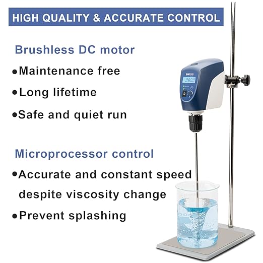 ONiLAB Electric Overhead Stirrer, LCD Digital Overhead Stirrer Mixer with Stirring Rod and Stand，Powerful 20L ，10000 mPas ， 50~2200RPM （Stand Included), Dark Blue