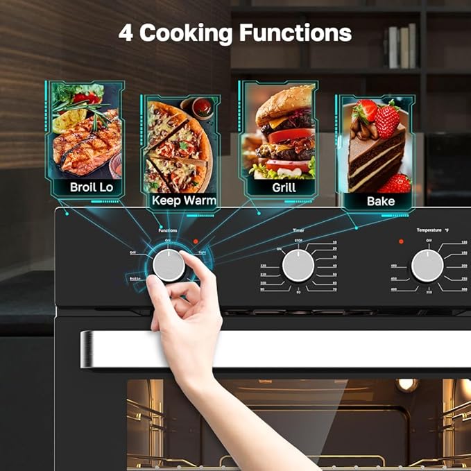 ThermoMate 24" Electric Wall Oven, ETL Certified, 2.8 Cu. Ft. Built-in Electric Wall Oven with 5 Cooking Functions, Black, Anti-Mistouch Knob, Removable 3-Layer Glass Door, 2200W
