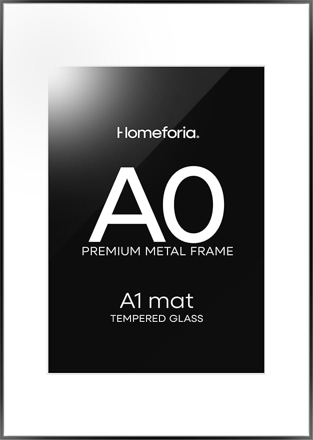 Homeforia A0 Poster Frame Black, High End Metal 33.1 x 46.8 inch Large Picture Frames with Mat 23.4 by 33.1 for Photo, A0 Size Frames Matted to A1 Print, 33.1x46.8 Thin Frame, Tempered Glass, Set of 1