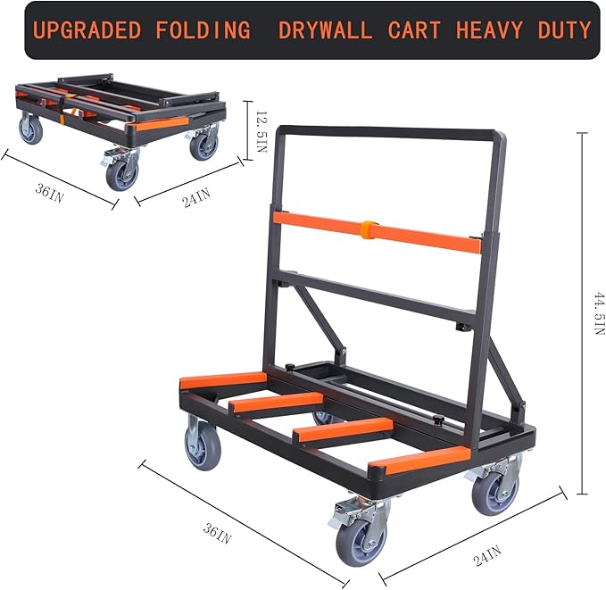 Folding Drywall Cart Heavy Duty,Panel Cart Load 2200 lbs Capacity,Drywall Dolly with Rubber Swivel Casters,Panel Dolly Handling Plywood Sheetrock Glass and Windows Service