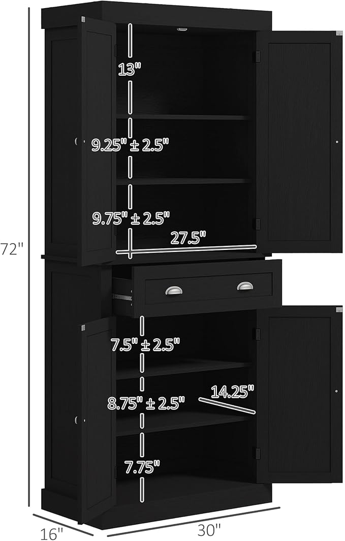 HOMCOM 72.5" Kitchen Pantry Cabinet, Traditional Freestanding Storage Cabinet with 4 Doors, Drawer and 3 Adjustable Shelves for Dining Room, Black Wood Grain