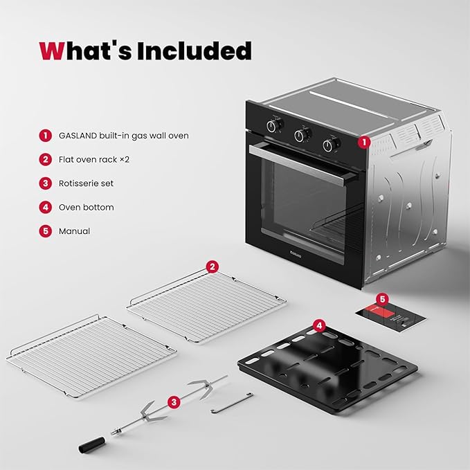 GASLAND 24 in Gas Wall Oven, ETL Certified Built-in Single Wall Oven, Natural Gas Wall Oven with Bake Broil Rotisserie Functions, Timer and Convection Fan, 120V Cord Plug, Black