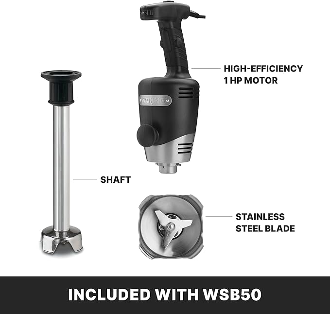 Waring Commerical WSB50 Big Stix Heavy Duty Immersion Blender, 12" Removable Shaft, 1 HP/700 Watt Variable Speed Motor, 120V, 5-15 Phase Plug,Black/Silver
