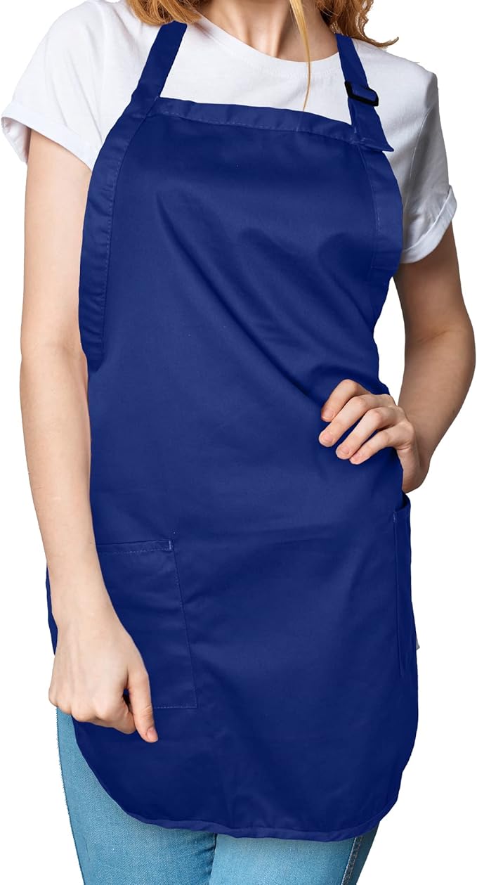 DALIX Apron Commercial Restaurant Home Bib Spun Poly Cotton Kitchen Aprons (2 Pockets) in Navy Blue