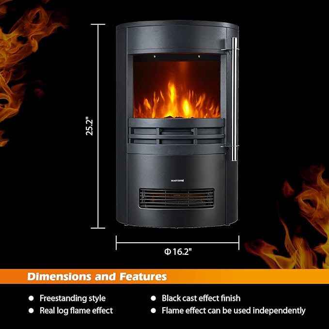 Freestanding Electric Fireplace Stove, 1500W Heater with Realistic 3D LED Log Flame, Adjustable Thermostat, 2 Heat Settings, Overheat Protection, Black Cast Iron Design for Indoor Use
