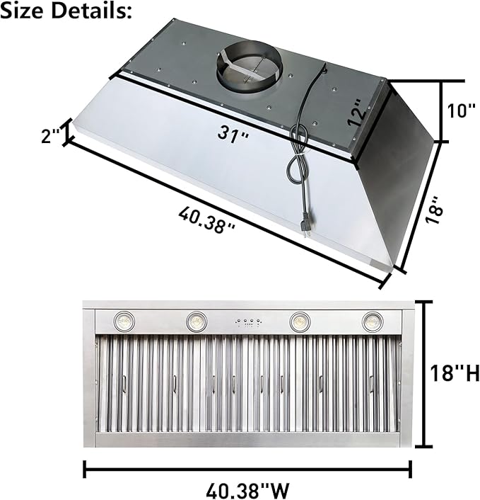SINDA 42 Inch Built-in Range Hood Insert Vent 1150 CFM with 4 Speed Exhaust Fan Kitchen Under Cabinet Vent Hood Adjustable LED Lights, Dishwasher-safe, Baffle Filters,Stainless Steel