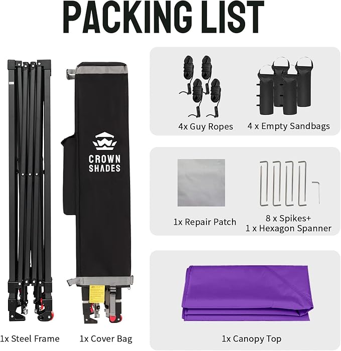 CROWN SHADES 10x10 Pop Up Canopy - Patented Center Lock One Push Instant Outdoor Canopy Beach Tent with STO-N-Go Bag 8 Stakes & 4 Sand Bags，Purple