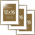 Homeforia 12x16 Picture Frame Bronze, High End Metal 12x16 Brass Poster Frames with Mat 9x12 Photo, 12 x 16 Bronze Frame Matted to 9 by 12 Print, 16by12 Thin Frames, Tempered Glass, Wall Kit, Set of 3