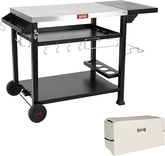 Outdoor Grill Table Cart, Pizza Oven Stand for Outdoor Indoor, 50" x 22" Stainless Steel Tabletop Dining BBQ Grill with Wheels for Food Prep, 3-Shelf Kitchen Cart with Cover
