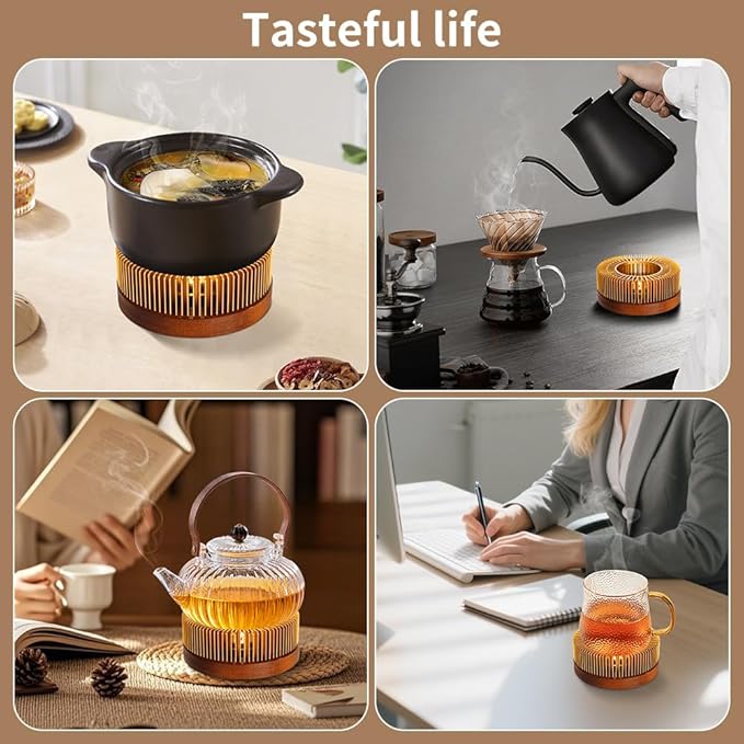 Teapot Warmer, Aluminum Tea Warmer with Wooden Base, Candle Heater for Heating Tea, Coffee, Milk, Food,Camping and Traveling, Universal Teapot Heater (Large-with Wooden Base)