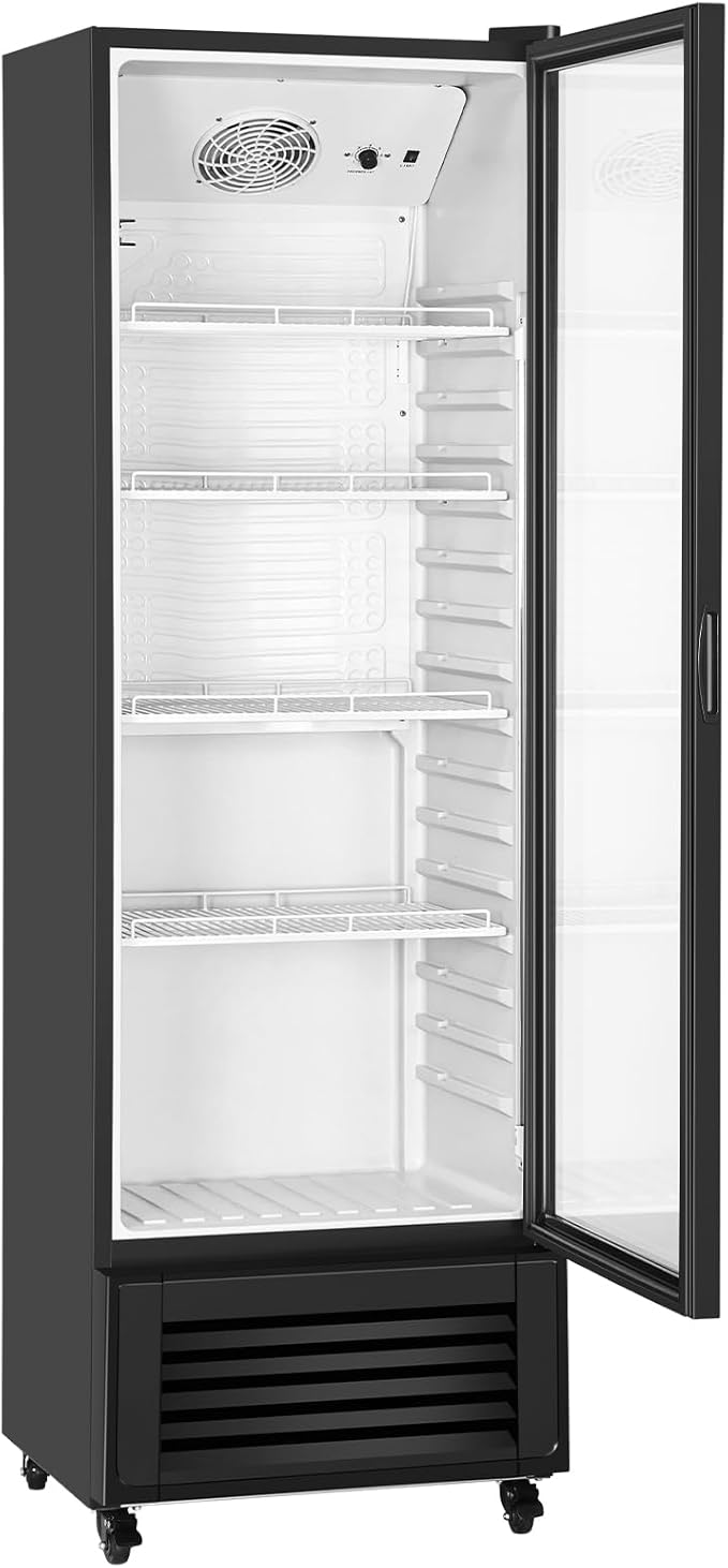 VEVOR Commercial Merchandiser Refrigerator, 11.47 CU.FT Glass Door Display Refrigerator, Upright Beverage Refrigerator Cooler Merchandiser with 4 Adjustable Shelves, Casters, Soft LED Light, Black