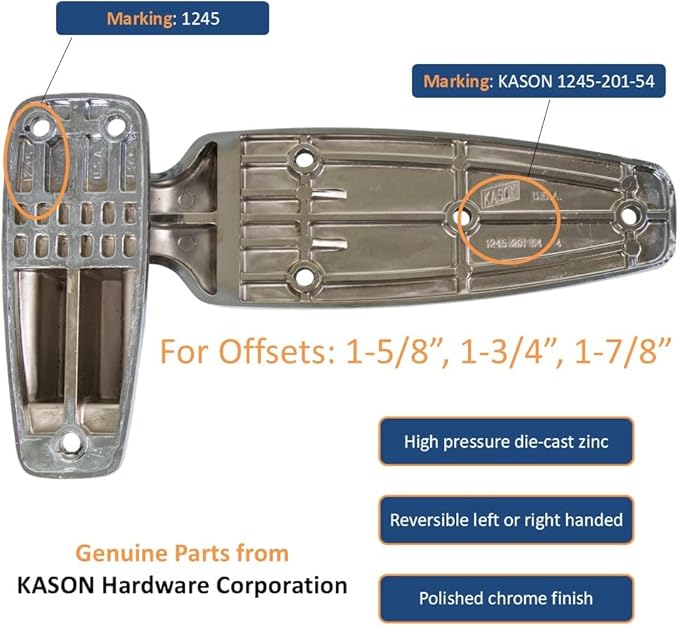 Kason 1245 Reversible Cam-Rise Hinge Chrome Finish for Freezer/Cooler/Refrigerator, 1245-201-54 (1-3/4" Offset)