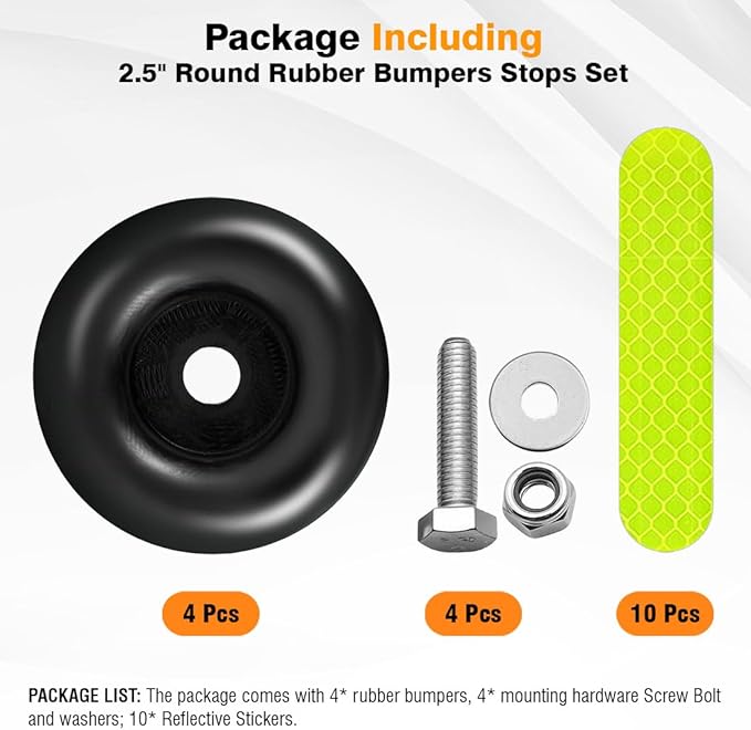 Rubber Bumpers for Cargo Trailer Ramp Door (Includes screw kit & Reflective Stickers) 2.5" Round Rubber Bump Stops Set Black - Used on Trailers Haulers Campers RVs Marine Heavy Duty Equipment 4 Pack