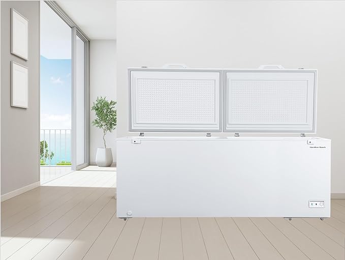 Hamilton Beach 25 Cu. Ft. Garage Ready Chest Freezer, White Deep Freezer, Adjustable Thermostat, Easy Defrost Drain, Double Door Lid, for Storage, Hunting, Large Family - 29"D x 79"W x 38"H