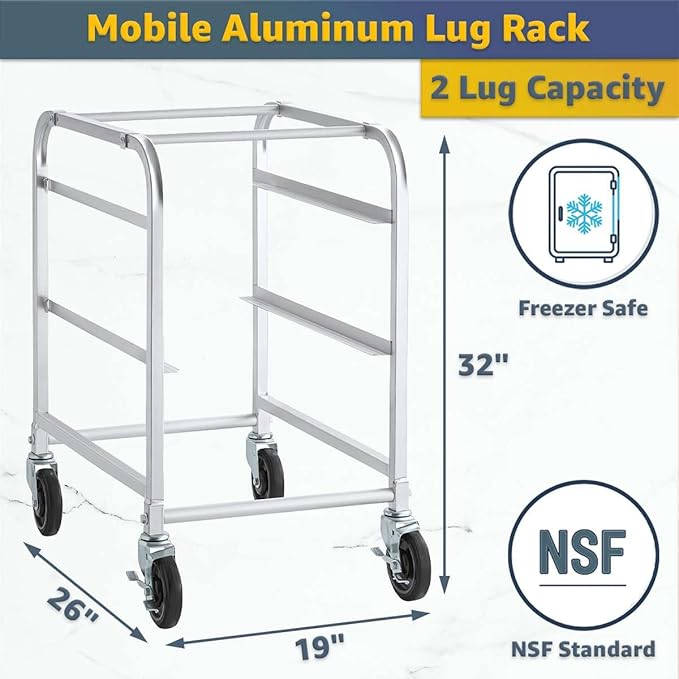19"x26"x32" Mobile Aluminum Lug Rack with 2 Red Meat Lugs / Tote Boxes - NSF Heavy-Duty Commercial Storage Cart, Portable Aluminum Utility Rack with Casters for Kitchen, Restaurant, or Food Prep