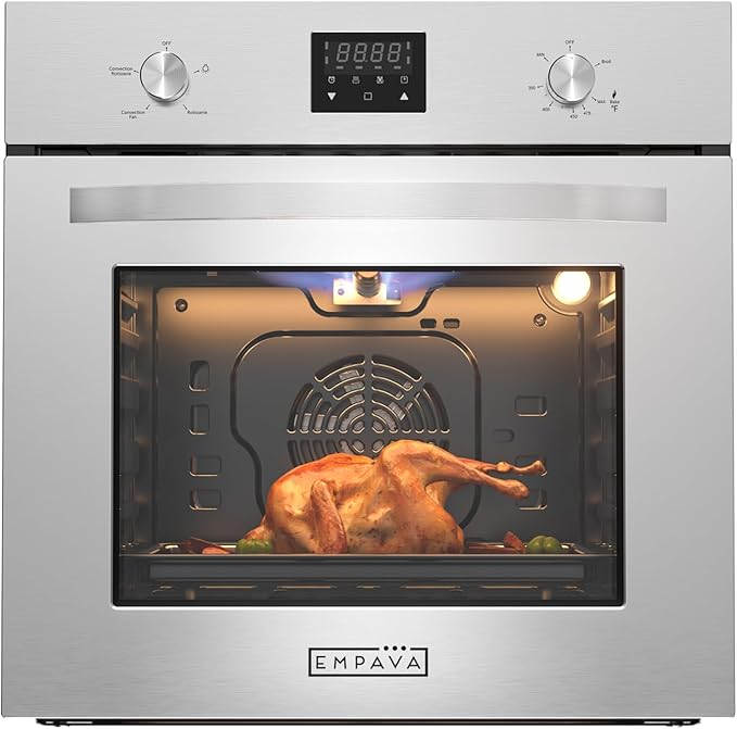 Empava 24 Inch Natural Gas Single Wall Oven with 5 Cooking Modes, Convection Fan and Rotisserie, Knob Control and Digital Display, Stainless Steel