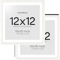 Homeforia 12x12 White Frame Wood, High End Oak 12 x 12 Square Picture Frames with Mat 10 by 10 inches Photo, 12by12 White Wooden Poster Frames Matted to 10x10 Print, Tempered Glass, Wall Kit, Set of 2