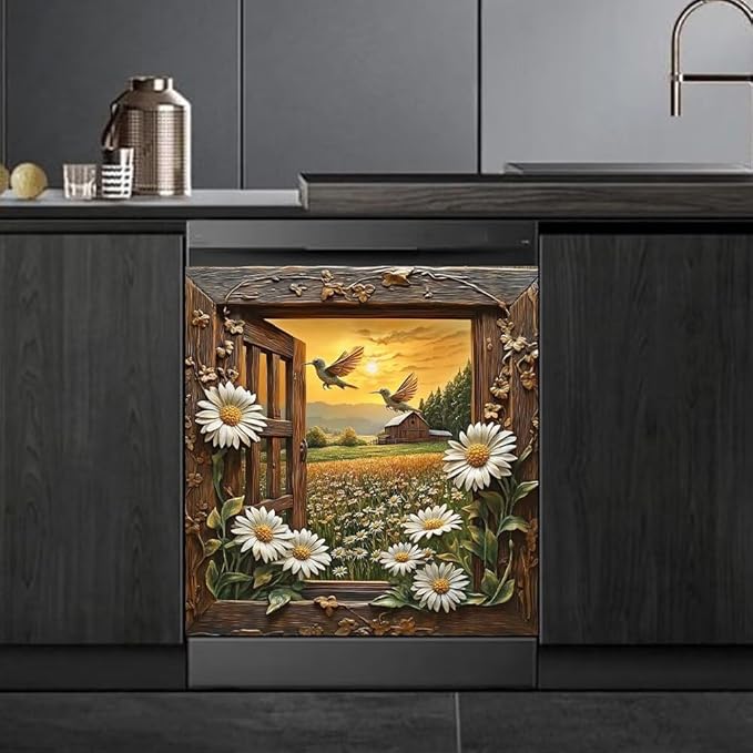 Daisy Floral Farmhouse Scene Magnetic Dishwasher Cover Vinyl Sticker,Vintage Wooden Dishwasher Magnet Cover, Hummingbirds Fridge Door Cover Magnets Art Skin Panel Decal for Home Decor, 23"X26"