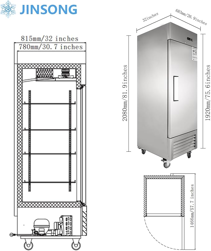 JINSONG 27" Commercial Reach-In Freezer, 23 Cu.Ft Stainless Steel Single Solid Door Freezer with 4 Adjustable Shelves & 4 Casters, for Restaurant, Bar, Shop, Home