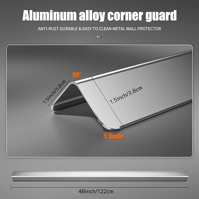 1.5x1.5x48 Inch 304 Stainless Steel Wall Corner Guards (5-Pack) Heavy Duty Rounded Corner Protector, Smooth Folded Edge Design for Wall Protection 90° Angle Metal Edge Guard Stainless Steel Slab