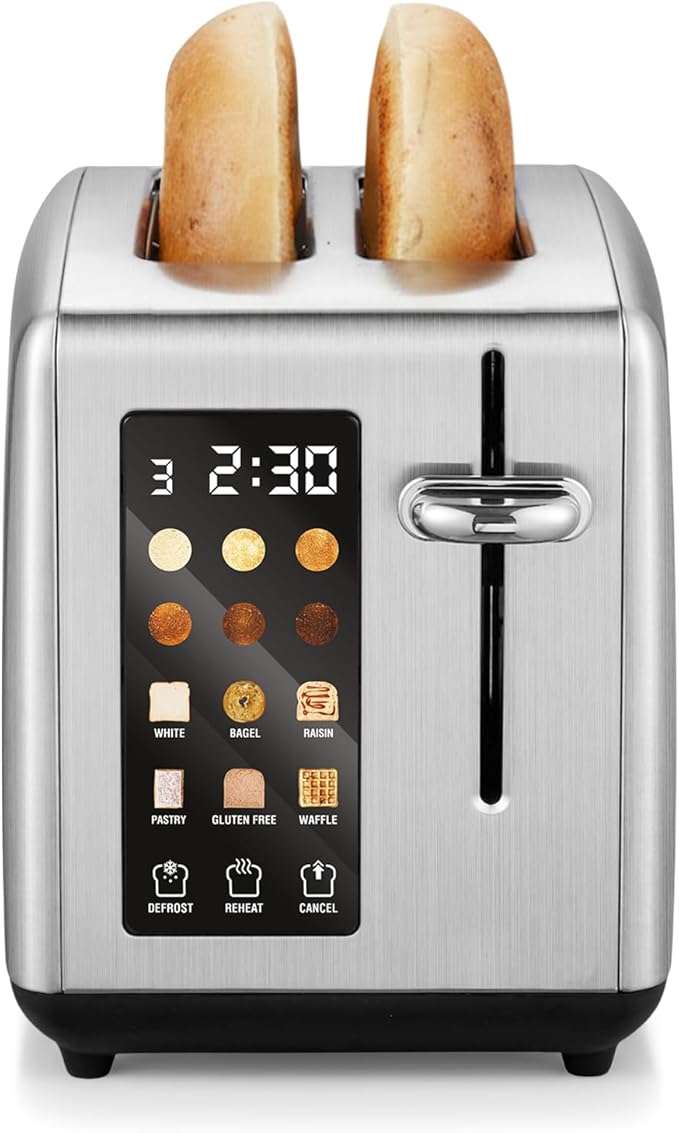 Elite Gourmet ECT2899 LCD Touch Toaster, 2 Extra-Wide Slots, 6 Toast Shades, 6 Preset Menus Including Bagel Waffle Gluten-Free, Defrost Reheat Cancel Functions, Stainless Steel