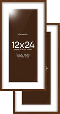 Homeforia 12x24 Picture Frame Brown, High End Dark Oak 12x24 Walnut Wood Poster Frame with Mat 8x20 Print, 12 x 24 Wooden Frame Matted to 8 x 20 Photo, 24x12 Frames, Tempered Glass, Wall Kit, Set of 2