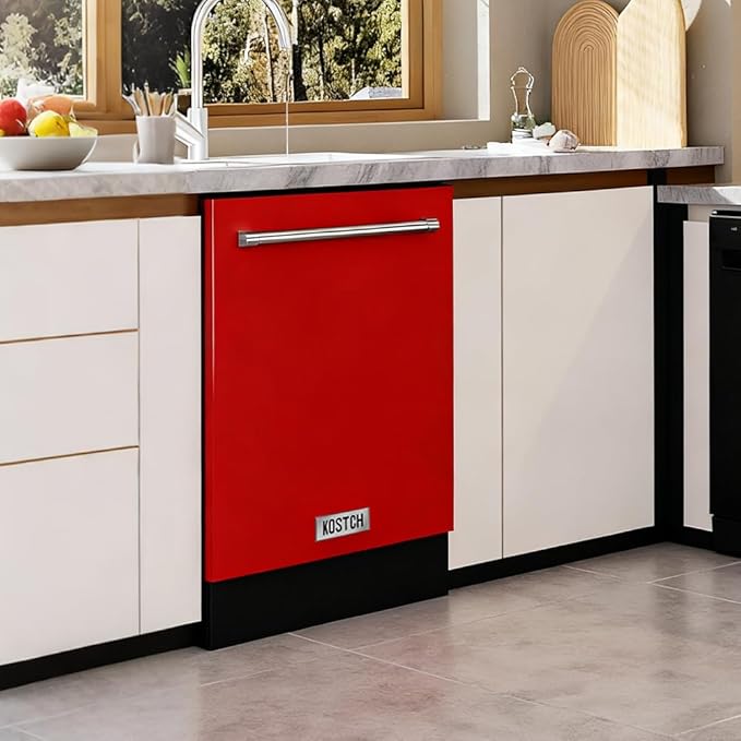 KOSTCH 24 inch Built-In Dishwasher,Top Control 8 Wash Programs Slide In Dish Washer Machine with Third Rack,Large Capacity 15 Place Settings, ENERGY STAR Certified, 45-dBA Ultra-Quiet (Red)