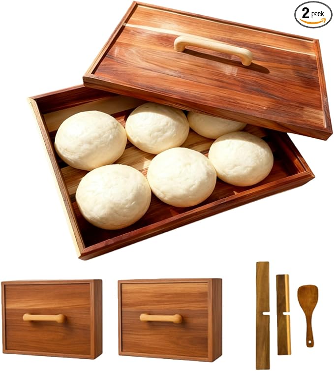 2 Pack Wooden Pizza Dough Proofing Box 16" x 12" w/Lids - Made From Natural Acacia Wood - Ideal Bread Proofing Box, Pizza Storage Container - Comes with 2 Adjustable Partitions & 1 Wood Shovel