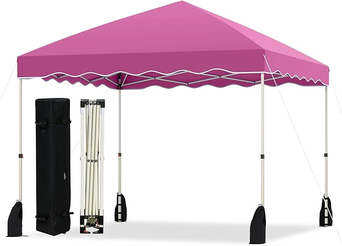 Tangkula 10x10 FT Pop Up Canopy, UPF50+ Easy Set up Instant Tent with Wheeled Bag, 8 Stakes, 4 Anchors, 4 Wind Ropes, 4 Sandbags, Heavy Duty Outdoor Canopy Tent 10x10 for Patio Party Backyard (Pink)