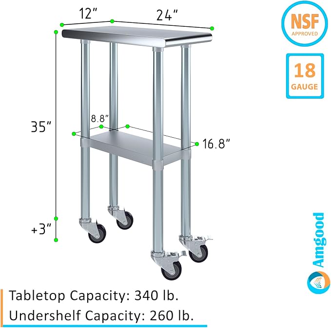AmGood 12" Long x 24" Deep Stainless Steel Table with Casters