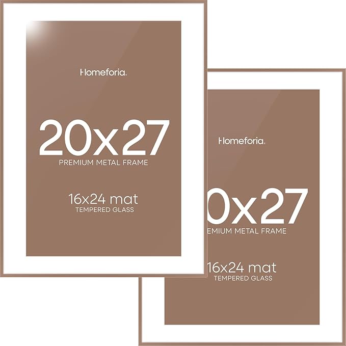 Homeforia 20x27 Picture Frame Mocha, High End Metal 20x27 Poster Frames with Mat 16x24 Photo, 20 x 27 Mocha Frame Matted to 16 by 24 Print, 27by20 Thin Hanging Frames, Tempered Glass, Wall Kit, Set of 2