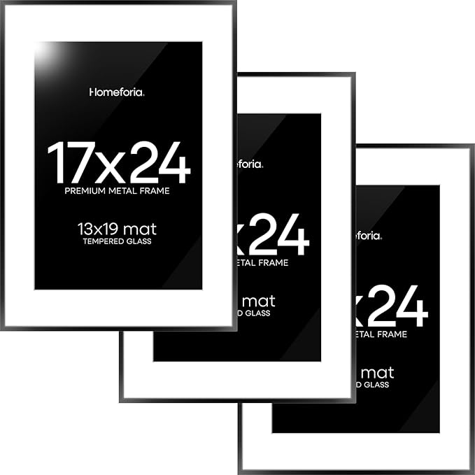 Homeforia 17x24 Picture Frame Black, High End Metal 17x24 Poster Frames with Mat 13x19 for Photo, 17 x 24 Black Frame Matted to 13 x 19 inch Print, 24x17 Thin Frame, Tempered Glass, Wall Kit, Set of 3