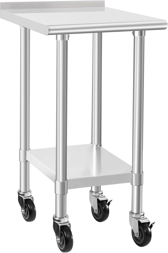HARDURA Stainless Steel Commercial Work Table with Wheels Prep & Work Metal Table 24×24 Inches Heavy Duty NSF with Casters and 2" Backsplash