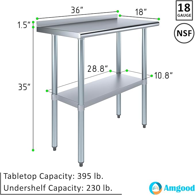 AmGood 36" Long x 18" Deep Stainless Steel Work Table with 1.5" Backsplash | Metal Kitchen Food Prep Table | NSF