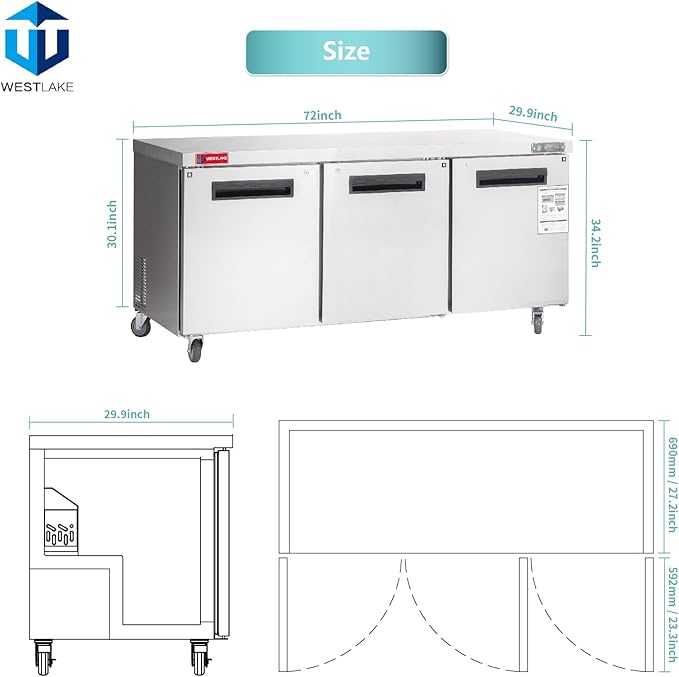 WESTLAKE 72"" W Commercial Refrigerator Worktop Undercounter Refrigerator 17.7 Cu.ft Single Door Stainless Steel Counter Fan Cooling Refrigerator Food Prep Station for Restaurant, Bar, WKTR-72B
