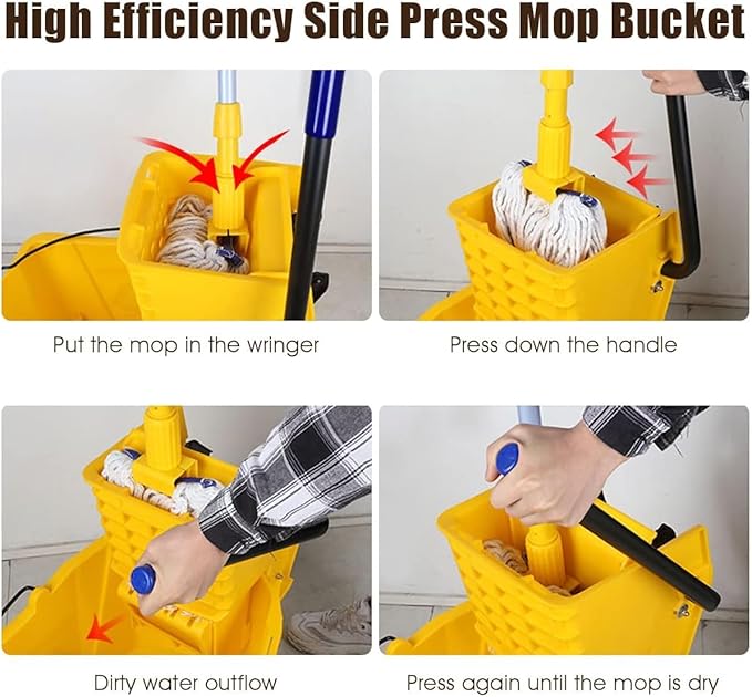 Mop Bucket, Commercial Bucket for Mopping on Wheels with Potable Handle, Mop Bucket with Wringer for Home, Household, Office, Bathroom, Yellow (25 Quarts)