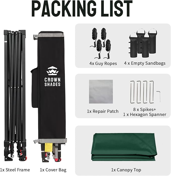CROWN SHADES 10x10 Pop Up Canopy - Patented Center Lock One Push Instant Outdoor Canopy Beach Tent with STO-N-Go Bag 8 Stakes & 4 Sand Bags，Forest Green