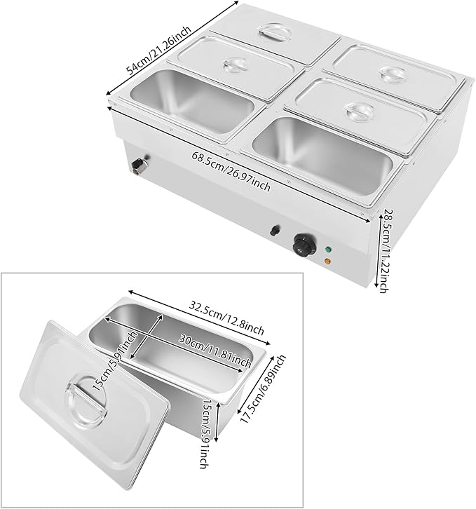 6-Pan Commercial Food Warmer 10.6Gal Electric Steam Table Stainless Steel Bain Marie Buffet Food Warmer Countertop with Temperature Control Lid for Catering and Restaurants(6-Pan)