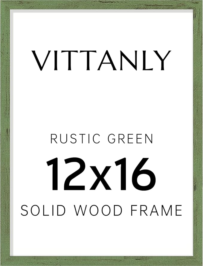 Vittanly 12x16 Picture Frame, Solid Wood Frame with Plexiglass, Includes 8.5x11 Mat, Wall Hanging for Photos, Home Decor, Rustic Green, 1 Pack
