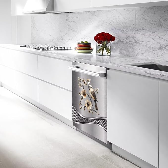 Imitation Stainless Steel Design Bird Pattern Dishwasher Cover Magnetic Sticker Refrigerator Door Panel Cover Fridge Appliance Magnet Decal Sheet 23x26 inch