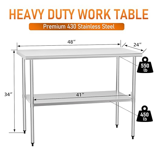 Stainless Steel Table for Food Prep & Work 24 x 48 inches Utility Table with Adjustable Undershelf, Commercial Workstation in Kitchen, Garage, Outdoor BBQ