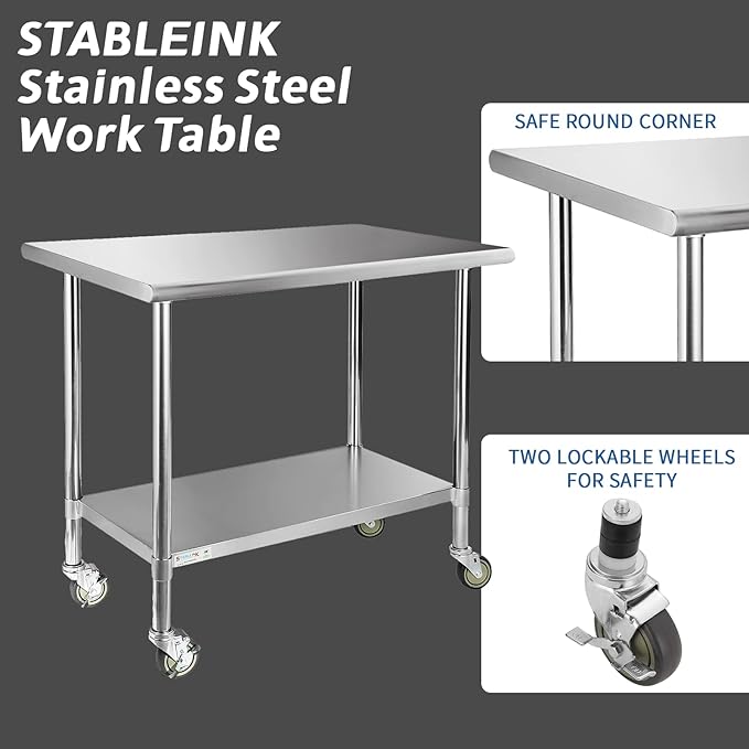 STABLEINK Stainless Steel Table with Wheels 24 x 36 Inches, NSF Commercial Prep & Workbench with Adjustable Undershelf and Casters, for Commercial Kitchen, Restaurant, Hotel, Laundry and Garage