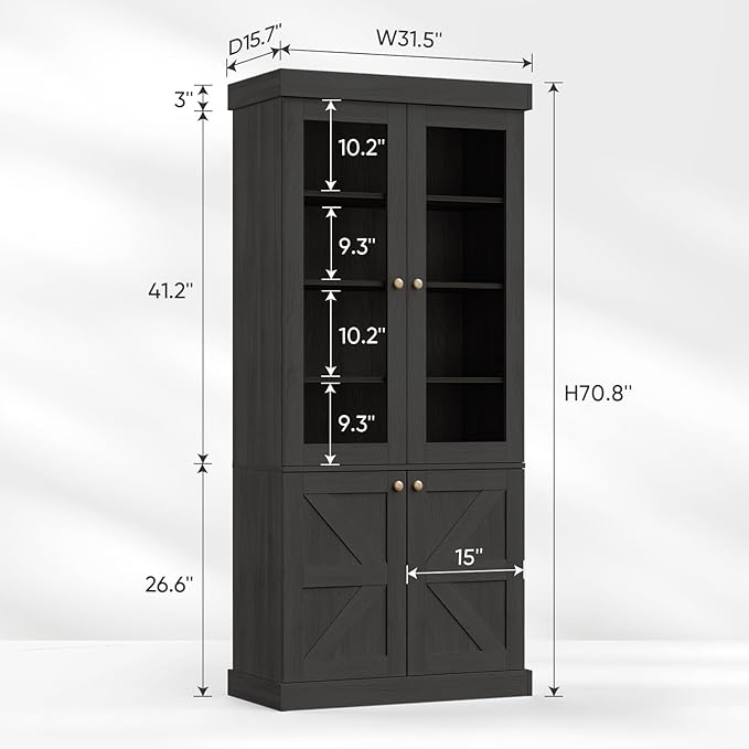 Vyre 71" Tall Farmhouse Kitchen Pantry, Set of 4 Large Storage Cabinets with Glass Doors, Adjustable Shelves, Wood Versatile Hutch Cabinet for Living Room, Dining Room, Black
