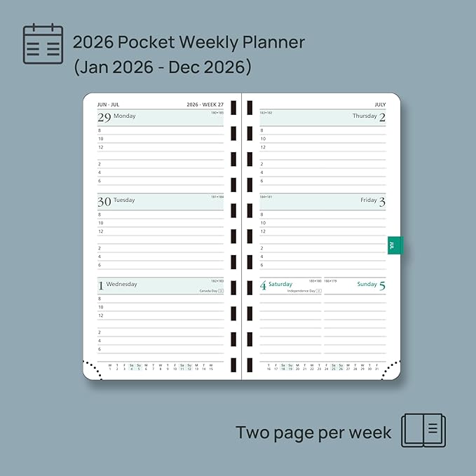 POPRUN 2026 Pocket Planner (Slim Size 3.5" x 6.5") Weekly and Monthly Calendar for Purse, with Hourly Time Slots, 100GSM Thick Paper, Spiral Soft Cover, Pen Holder - Black